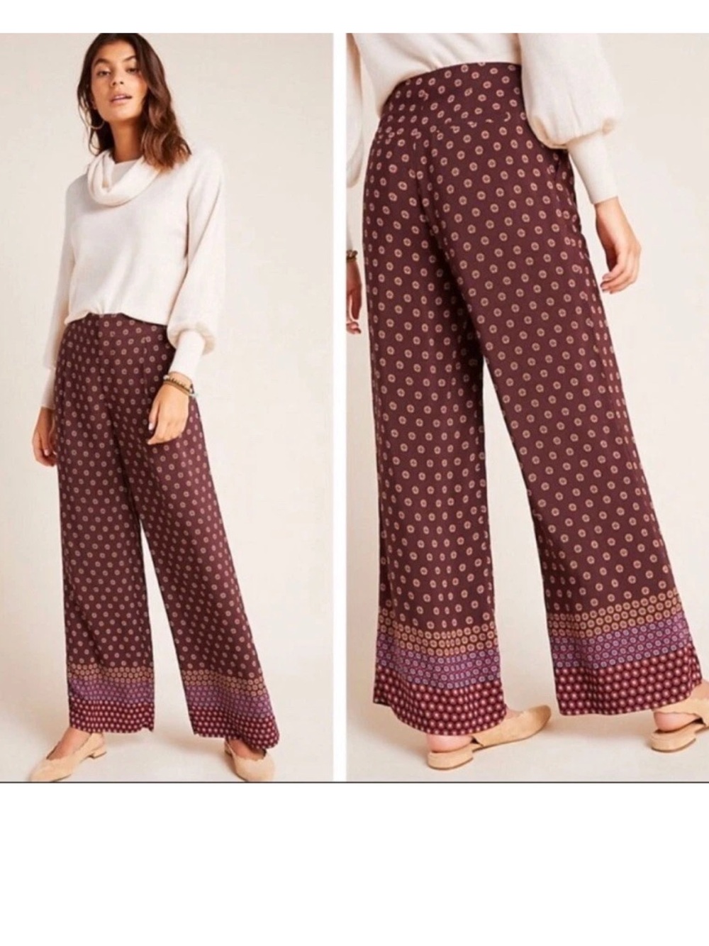Anthropologie Plum Printed Wide-Leg Pants with Border Hem size 4